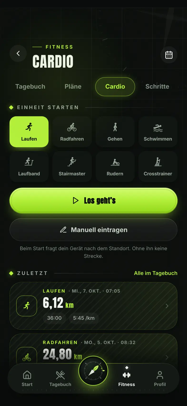 Cardio-Einheit starten: Laufen, Radfahren, Gehen, Schwimmen