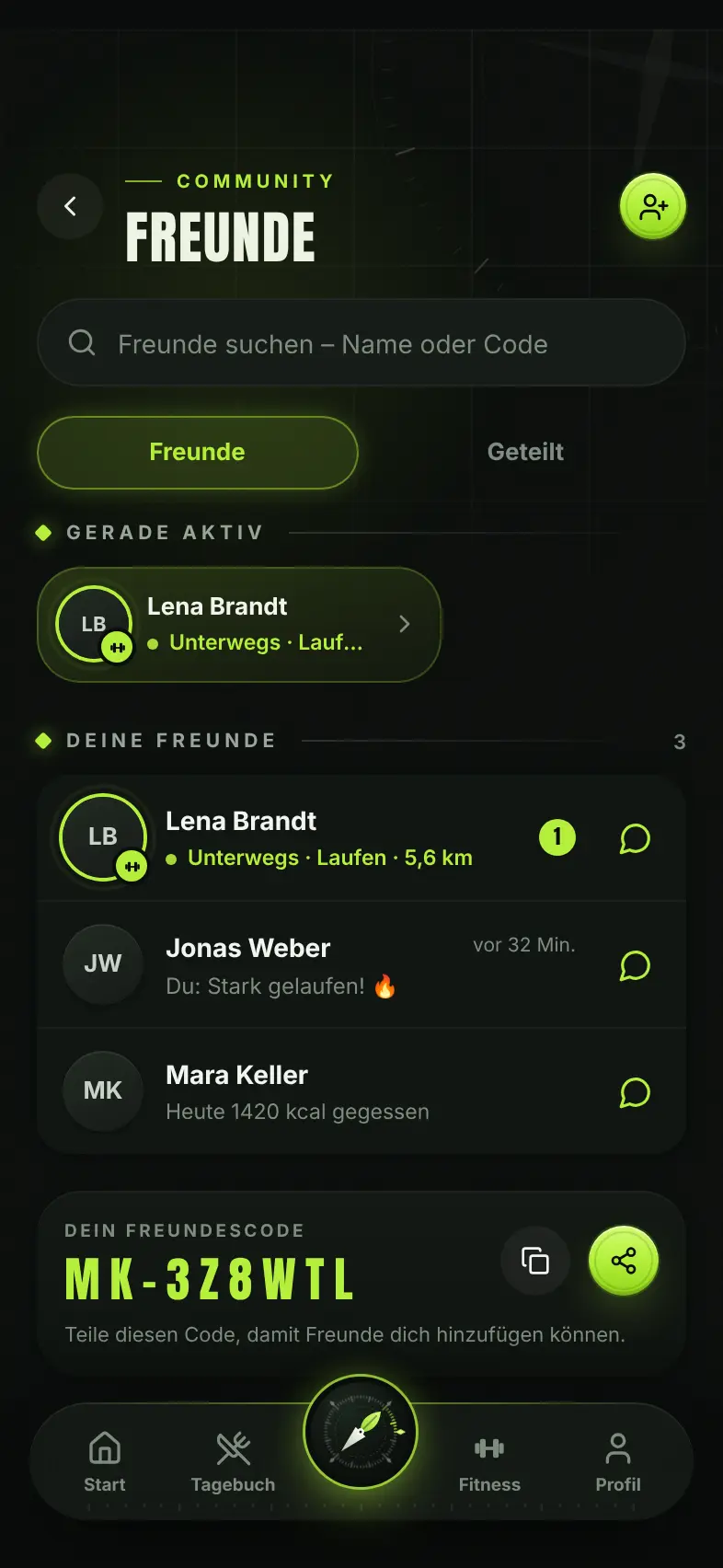 Freunde-Ansicht mit Live-Training