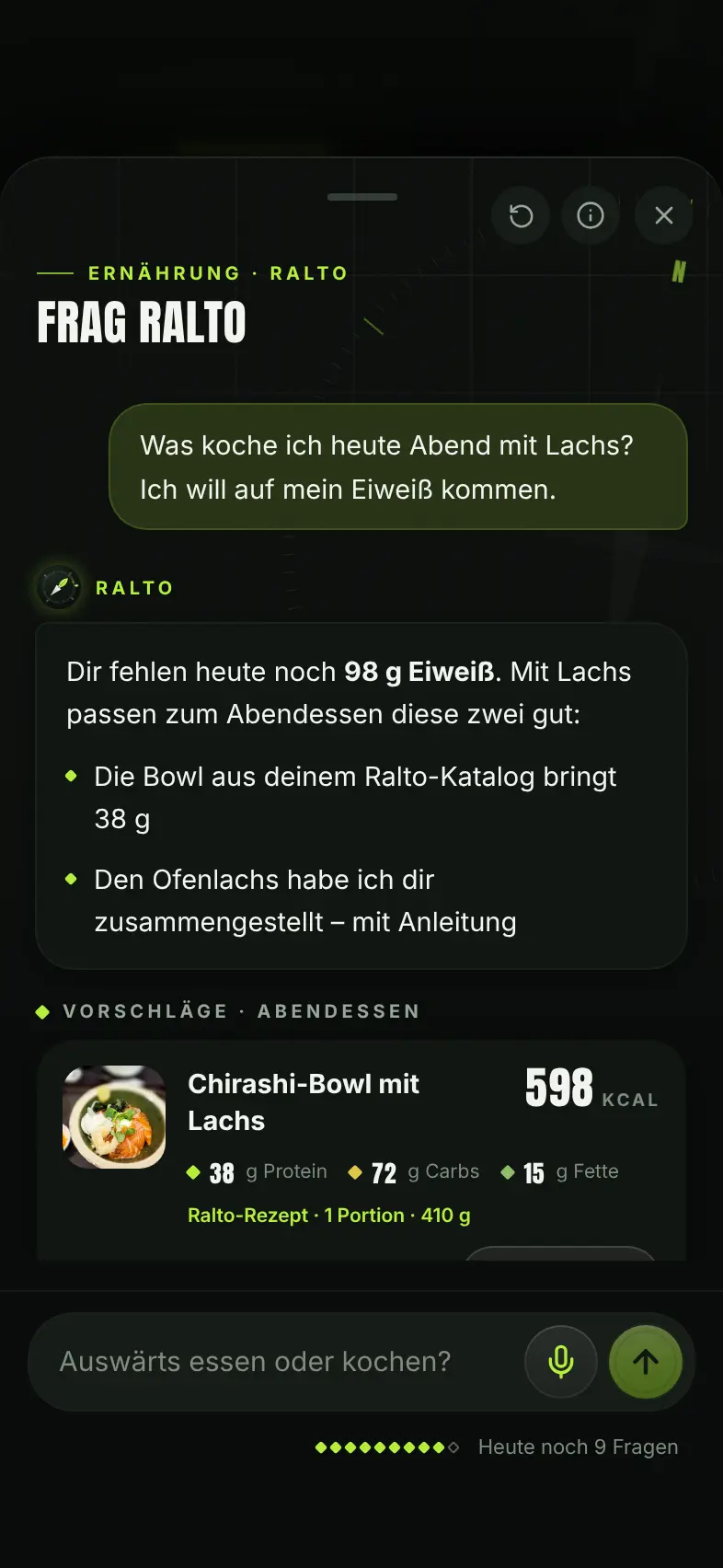 Frag Ralto: Frage nach einem Abendessen mit Lachs und passende Rezeptvorschläge